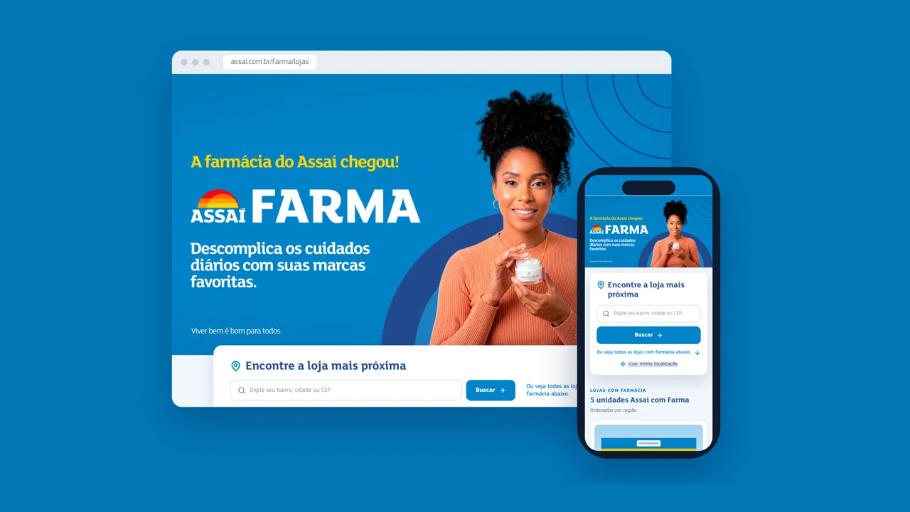 Mockup da landing page Assaí Farma em navegador desktop e celular
